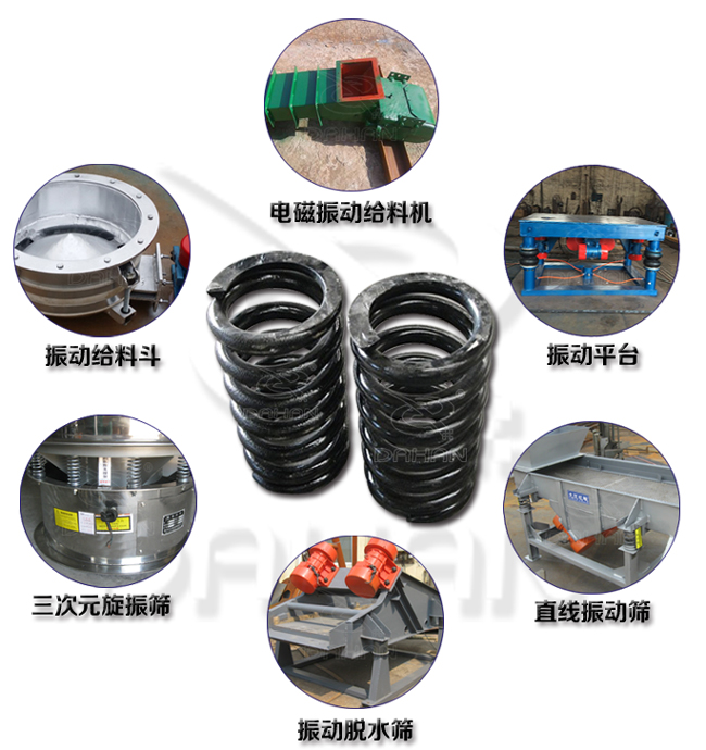 旋振篩減震彈簧適用產(chǎn)品：振動(dòng)給料機(jī)，電磁振動(dòng)給料機(jī)，振動(dòng)平臺(tái)，直線振動(dòng)篩，振動(dòng)脫水篩，三次元旋振篩。