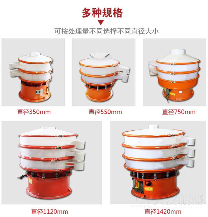 塑料振動篩不同篩分直徑進行展示：350，550，750，1120，1420等。