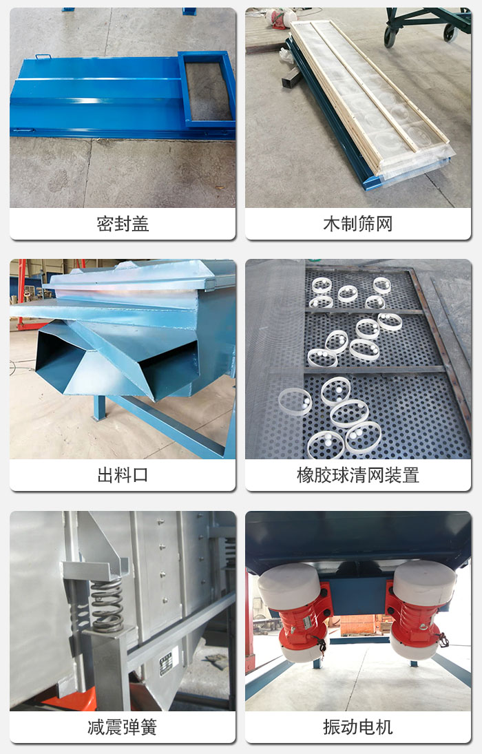 直線篩結(jié)構(gòu)展示：篩網(wǎng)，篩箱，振動(dòng)電機(jī)，振動(dòng)電機(jī)座，減震彈簧，支架等部件展示圖