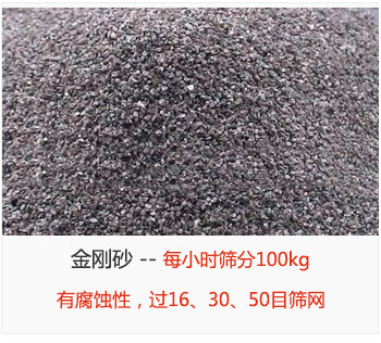 篩分金剛砂每小時(shí)100kg，有腐蝕性，過(guò)16、30、50目篩網(wǎng)