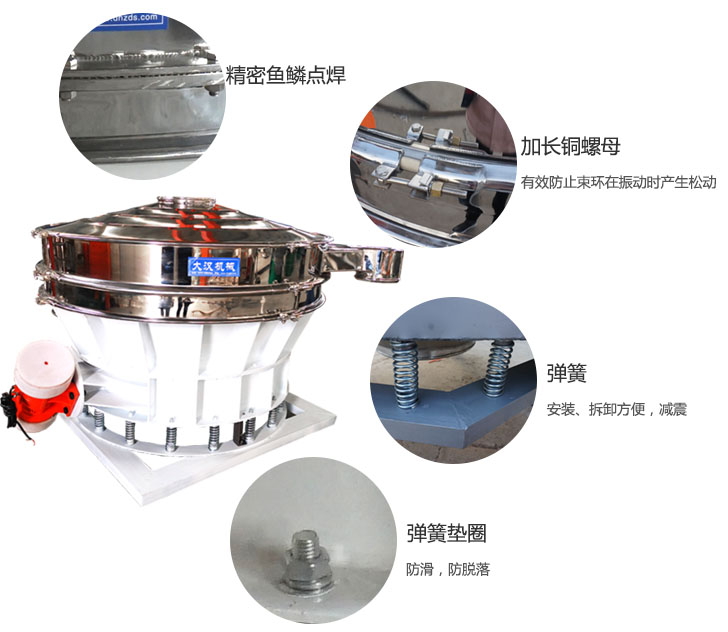 1500直排篩細(xì)節(jié)展示：彈簧，彈簧墊圈，加長銅螺母。