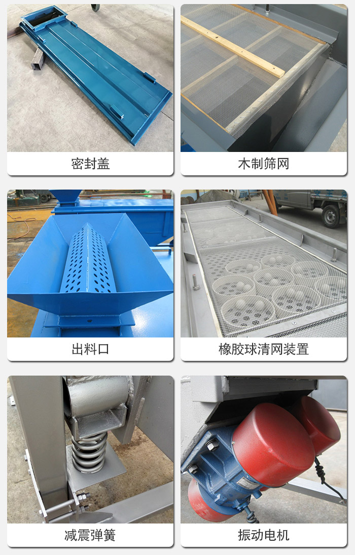直線篩分機(jī)的結(jié)構(gòu)展示圖：篩箱是物料主要篩分設(shè)備之一，篩網(wǎng)用于篩分物料，振動(dòng)電機(jī)幫助篩網(wǎng)篩分。