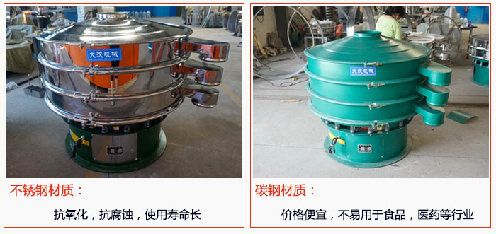 800型振動篩有不銹鋼和碳鋼兩種材質(zhì)，不銹鋼材質(zhì)：抗氧化，抗腐蝕，使用壽命長 碳鋼材質(zhì)：價格便宜，不易篩分食品，化工，醫(yī)藥等行業(yè)的物料。