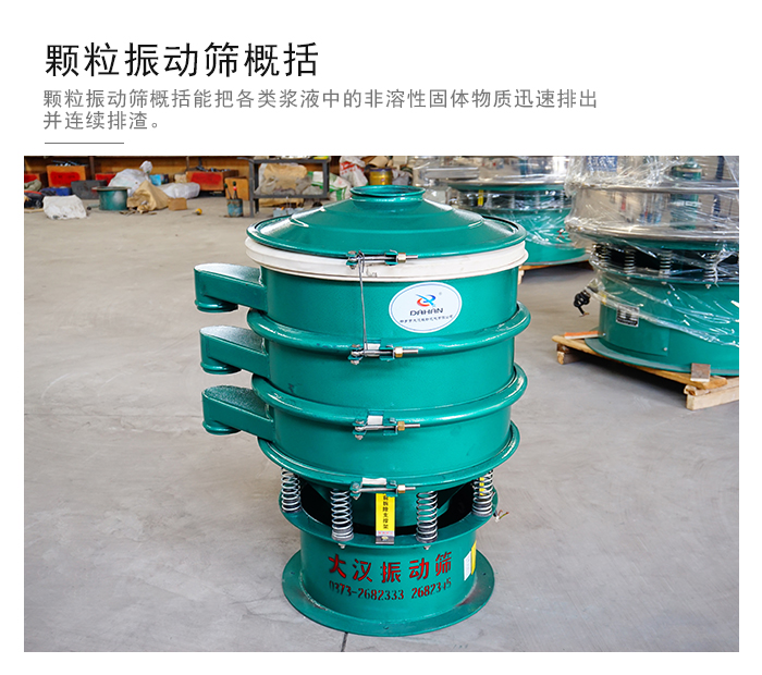 顆粒式振動篩是針對顆粒狀物料進行研發(fā)的，由于顆粒的形狀有很多的不同所以，廠家在清網(wǎng)裝置方面進行提升效率。