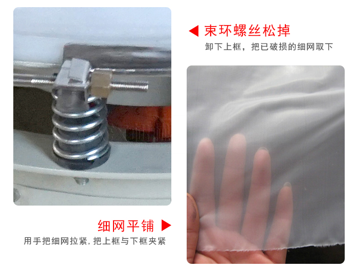 換網(wǎng)步驟：先松開束環(huán)，把新的細(xì)網(wǎng)平鋪在網(wǎng)架上繃緊
