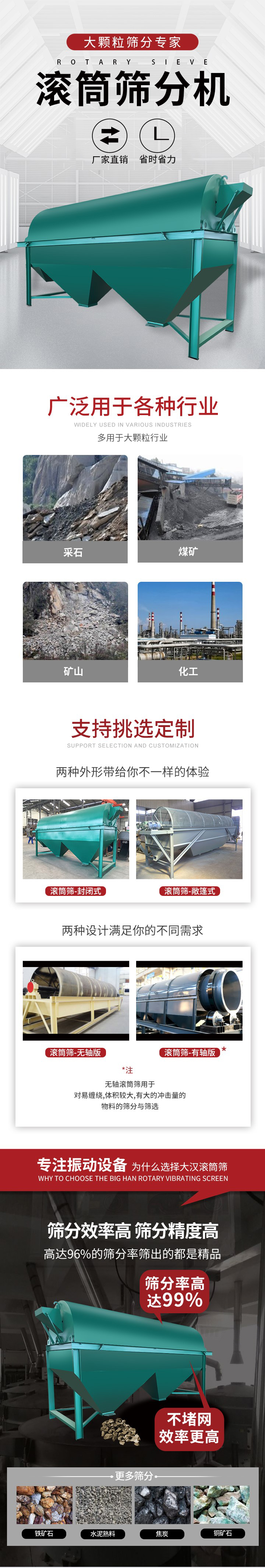 滾筒篩分機(jī)大顆粒篩分專家：廠家直銷，省時(shí)省力。滾筒篩被廣泛應(yīng)用各種行業(yè)：多用于大顆粒行業(yè)例如：采石，煤礦，礦山，化工等。滾筒篩定制類型有哪些：封閉式與敞篷式產(chǎn)品結(jié)構(gòu)分為：無軸式，有軸式兩種，無軸滾筒篩用于對(duì)纏繞，體積較大，有大的沖擊量的物料的篩分與篩選。滾筒篩篩分效率高篩分精度能夠達(dá)到：96%也比較適用于鐵礦石，水泥熟料，焦炭，銅礦石。滾筒篩特點(diǎn)：不飛粉末：密封隔離罩，密封性好，工作過程不會(huì)出現(xiàn)飛粉現(xiàn)象。外型尺寸是按筒體長(zhǎng)計(jì)