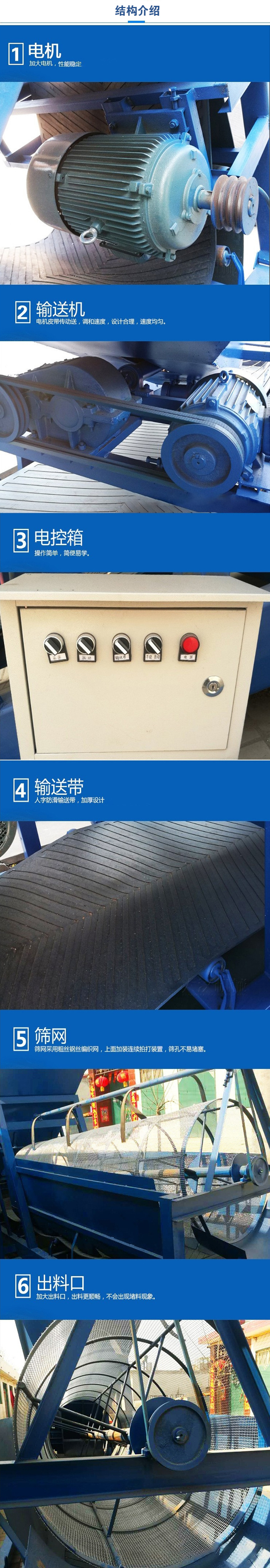 移動(dòng)篩沙機(jī)結(jié)構(gòu):電機(jī)，加大電機(jī)，性能相對(duì)比較穩(wěn)定。輸送機(jī)：電機(jī)皮帶傳動(dòng)送，調(diào)和速度，設(shè)計(jì)合理，速度均勻。電控箱：操作簡(jiǎn)單，簡(jiǎn)便易學(xué)。輸送帶：人字防滑輸送帶，加厚設(shè)計(jì)。篩網(wǎng)，采用粗絲鋼絲編織而成的篩網(wǎng)，上面加裝連續(xù)拍打裝置，篩孔不易堵塞。出料口：加大出料口，出料更順暢，不會(huì)出現(xiàn)堵料現(xiàn)象。