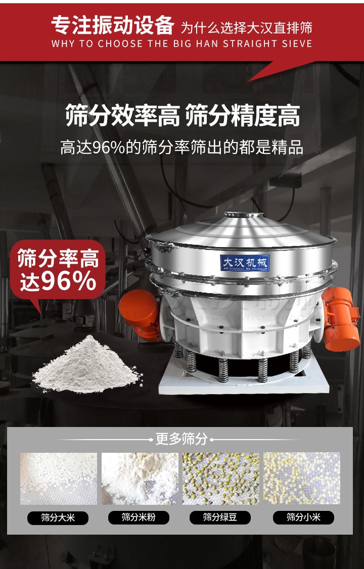 直排篩適用物料有面粉，淀粉，洗衣粉，金屬粉，添加劑，化工，非礦等行業(yè)。
