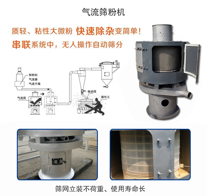 氣流篩粉機(jī)適用：質(zhì)輕，粘性大微粉采用串聯(lián)系統(tǒng)重，無人操作自動篩分 特點(diǎn)：篩網(wǎng)立裝不負(fù)重，使用壽命長。