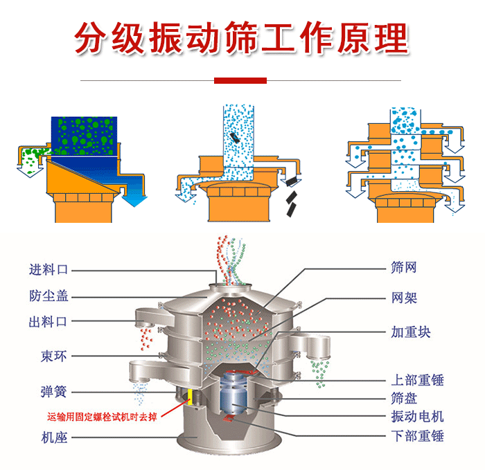 分級振動篩內(nèi)部結(jié)構(gòu)：進料口，防塵蓋，出料口，束環(huán)，彈簧，機座，篩網(wǎng)，網(wǎng)架，上部重錘，振動電機，下部重錘。