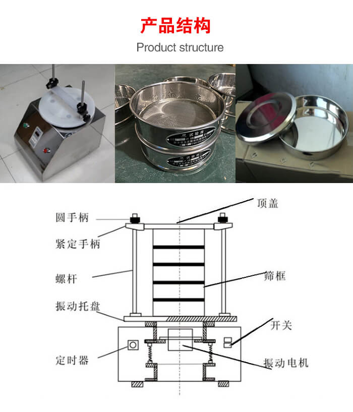 實(shí)驗(yàn)室振動(dòng)篩-試驗(yàn)篩結(jié)構(gòu)主要由：圓手柄，緊定手柄，螺桿，振動(dòng)托盤，篩框，頂蓋等。