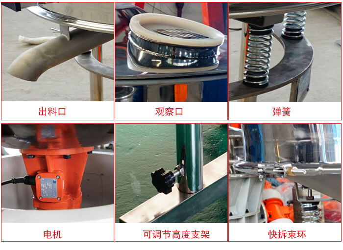 高頻篩細(xì)節(jié)展示：出料口，觀察口，彈簧，電機，可調(diào)節(jié)高度支架，快拆束環(huán)。
